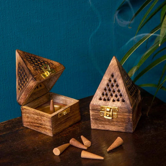 Wooden Loban Dhoop Stand Pyramid Shape, Dhoop Box Small - main view